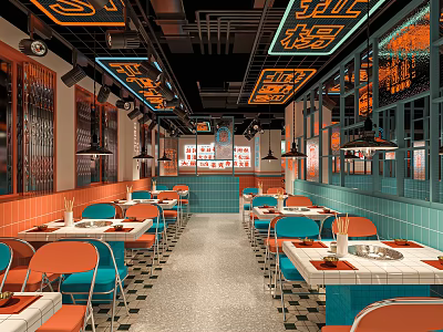 Vibrant Hotpot Restaurant Interior With Neon Signs Colorful Chairs And Dining Tables Setup 3d model