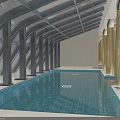 Spacious Indoor Swimming Pool Area With Glass Roof Columns And Tiled Floor Design