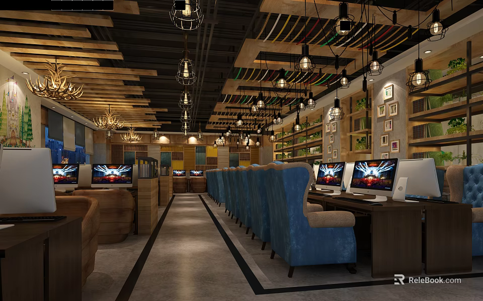 Modern Cyber Cafe Interior With Blue Comfortable Seats Multiple Monitors Hanging Lamps And Wooden Bookshelves 3d model 