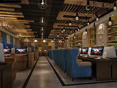 Modern Cyber Cafe Interior With Blue Comfortable Seats Multiple Monitors Hanging Lamps And Wooden Bookshelves 3d model
