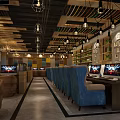 Modern Cyber Cafe Interior With Blue Comfortable Seats Multiple Monitors Hanging Lamps And Wooden Bookshelves