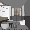 Modern Bathroom Interior With Freestanding Bathtub Glass Shower Partition And Toilet Black And White Tiles