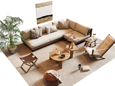 Cozy L Shaped Beige Sofa and Wooden Coffee Table Set with Throw Pillows Green Plant 3d model