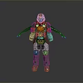 Game And Movie Character In Gray Orange Blue Armored Suit With Helmet And Mechanical Parts