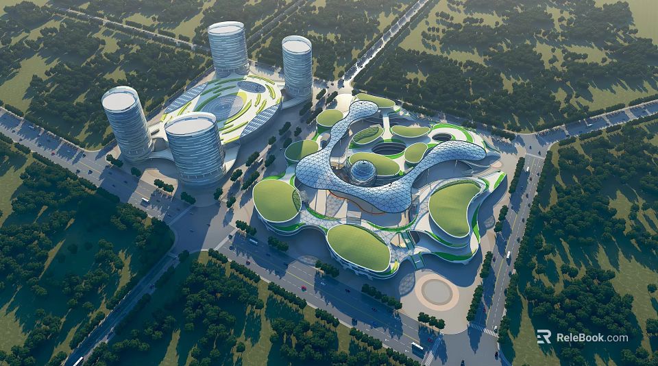 Modern Commercial Complex With Unique Architectural Design Green Roofs And Open Spaces 3d model 