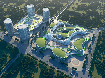 Modern Commercial Complex With Unique Architectural Design Green Roofs And Open Spaces 3d model