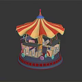 Children Playing With Colorful Carousel Toy Red Yellow Striped Canopy Blue Base
