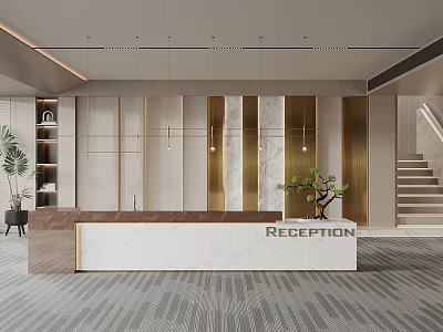 Modern Reception Interior Design With Marble Desk Gold Accents Wall Panel And Plant 3d model