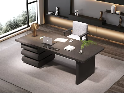 Modern Wooden Office Desk with Laptop Papers Green Plant and Chair near Window and Shelves 3d model