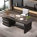 Modern Wooden Office Desk with Laptop Papers Green Plant and Chair near Window and Shelves