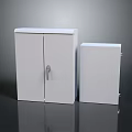 Two White Storage Cabinets with Simple Design and Metal Handles on Dark Surface