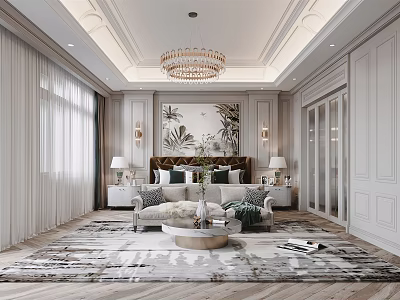 Elegant Modern Bedroom Interior Design With Crystal Chandelier Luxury Bed Decorative Painting And Area Rug 3d model