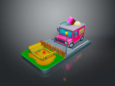 Pink Ice Cream Truck With Colorful Cones Near Yellow Fence And Sandbox 3d model