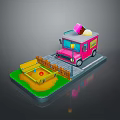 Pink Ice Cream Truck With Colorful Cones Near Yellow Fence And Sandbox