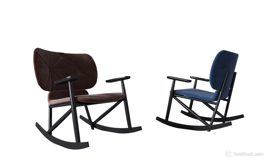 Brown And Blue Upholstered Rocking Chairs With Black Wooden Frame Design 3d model 