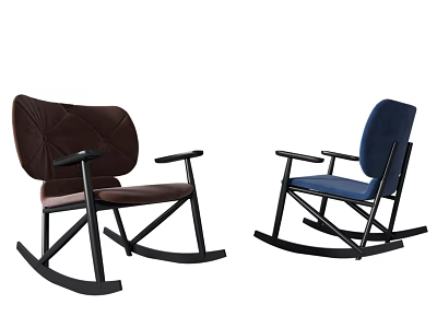 Brown And Blue Upholstered Rocking Chairs With Black Wooden Frame Design 3d model