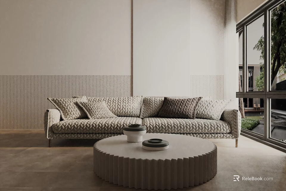 Modern Three Seater Sofa In Living Room With Textured Wall And Round Coffee Table 3d model 