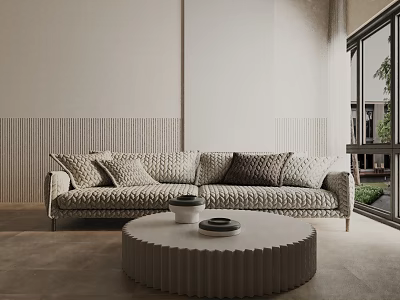 Modern Three Seater Sofa In Living Room With Textured Wall And Round Coffee Table 3d model