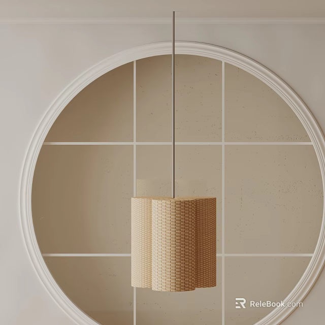 Woven Cylindrical Pendant Light with Circular White Frame on Beige Wall 3d model 