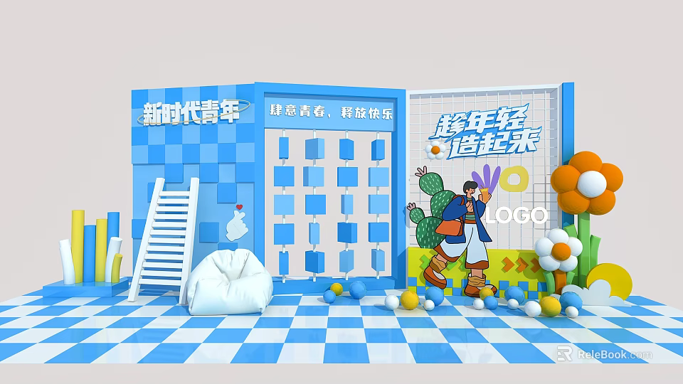 Youth Themed Photo Check In Spot With Blue Checkerboard Background And Cartoon Decorations 3d model 