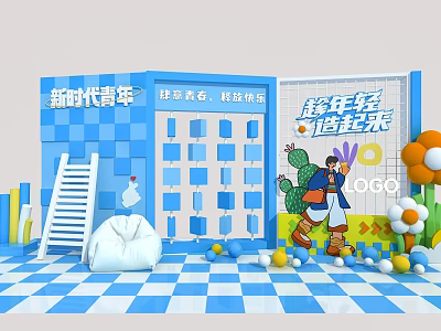 Youth Themed Photo Check In Spot With Blue Checkerboard Background And Cartoon Decorations 3d model