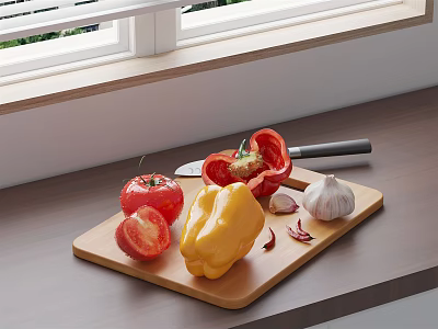 Fresh Vegetables on Wooden Cutting Board with Red Tomatoes Yellow Bell Pepper Garlic and Chili Peppers 3d model
