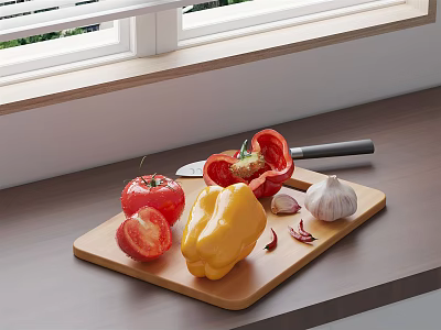Fresh Vegetables on Wooden Cutting Board with Red Tomatoes Yellow Bell Pepper Garlic and Chili Peppers 3d model