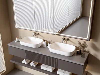 Modern Bathroom Vanity with Double White Sinks Large Mirror Towels and Toiletries 3d model
