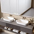 Modern Bathroom Vanity with Double White Sinks Large Mirror Towels and Toiletries