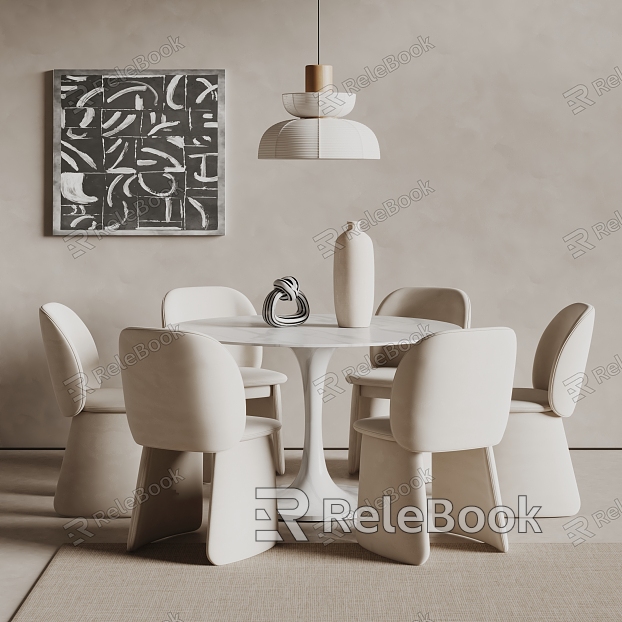 Cream Style Dining Table and Chair Round Table and Chair Carpet Decorative Painting Chandelier model