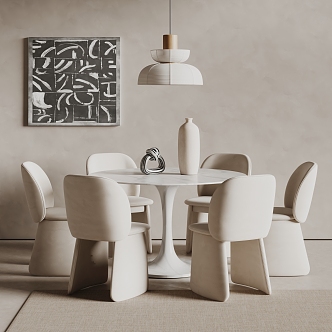 Cream Style Dining Table and Chair Round Table and Chair Carpet Decorative Painting Chandelier 3d model