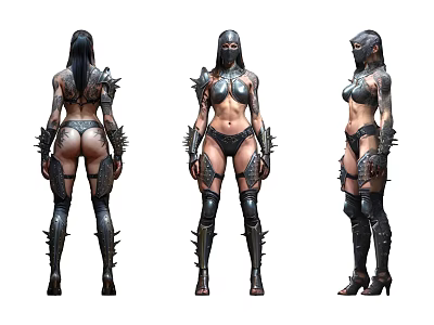 Game Fantasy Character Design With Spiked Armor Tattoos And Three Angle Views 3d model