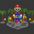 Vibrant Cartoon Scene With Red Hat Character Palm Trees ARCADE Sign And Colorful Block Elements