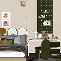 Kids Room Interior With Green Accents Wicker Pendant Light Bed Desk And Decorative Wall Art