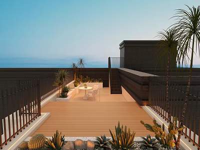 Roof Courtyard Garden With Wooden Deck White Table Chairs And Various Plants 3d model