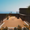 Roof Courtyard Garden With Wooden Deck White Table Chairs And Various Plants