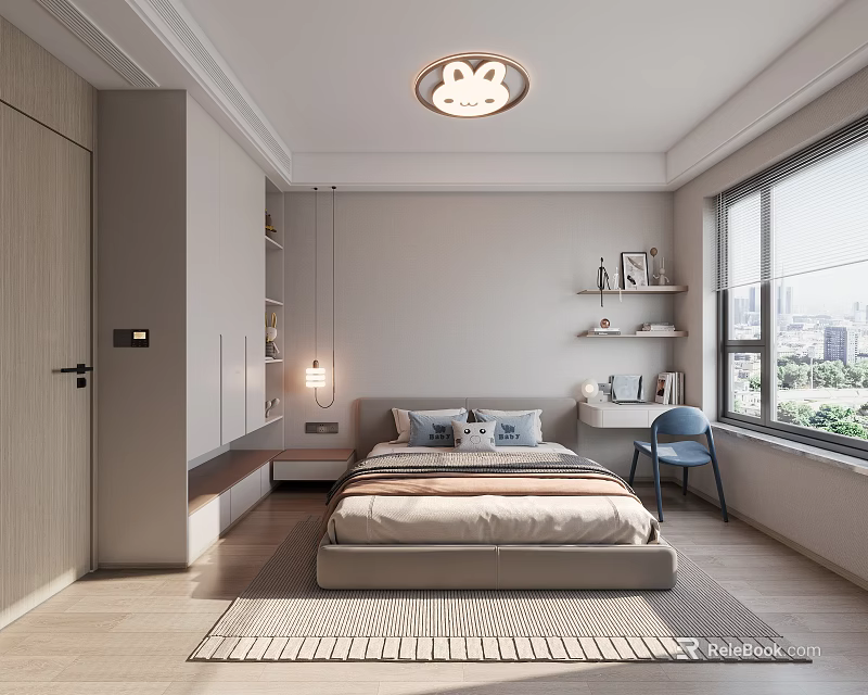 Modern Kids Bedroom With Cartoon Ceiling Light Study Desk And Bookshelves 3d model 