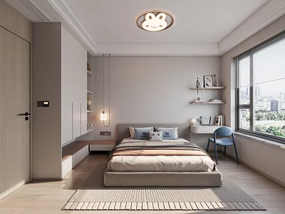 Modern Kids Bedroom With Cartoon Ceiling Light Study Desk And Bookshelves 3d model