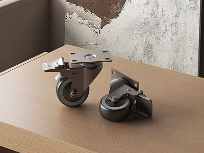 Heavy Duty Caster Wheels With Metal Brackets On Wooden Table Top And Textured Wall Background 3d model