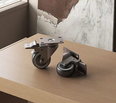 Heavy Duty Caster Wheels With Metal Brackets On Wooden Table Top And Textured Wall Background 3d model