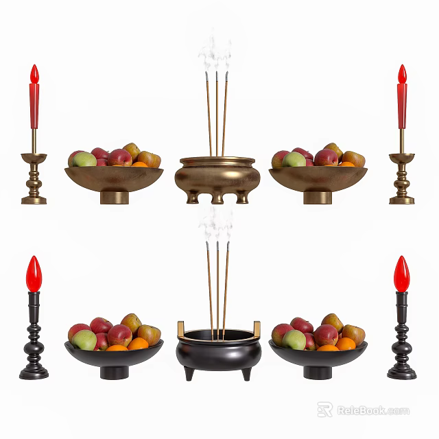 Brass And Black Decorative Ornament Set With Candles Fruit Bowls And Incense Burner 3d model 