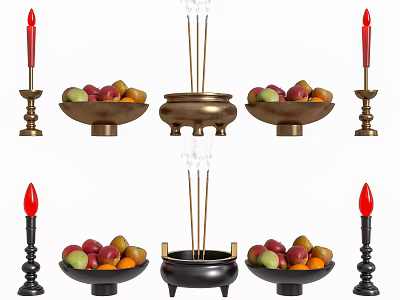 Brass And Black Decorative Ornament Set With Candles Fruit Bowls And Incense Burner 3d model