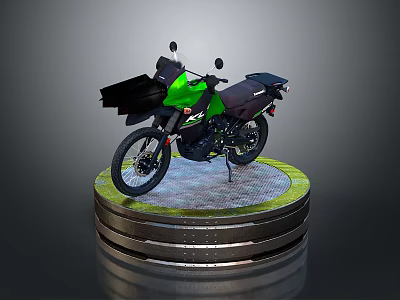 Sleek Green Adventure Motorcycle on Metallic Display Stand with Shiny Details 3d model
