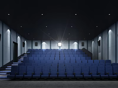 Modern Cinema Interior With Blue Tiered Seats Projection Screen And Ambient Lighting 3d model