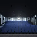Modern Cinema Interior With Blue Tiered Seats Projection Screen And Ambient Lighting