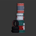 Colorful Industrial Storage Display With Stacked Multi Colored Drums And Black Tires With Red Trim