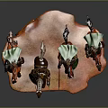 Game Movie Characters Knights With Green Headscarves Armor Weapons And Colored Horses On Orange Base