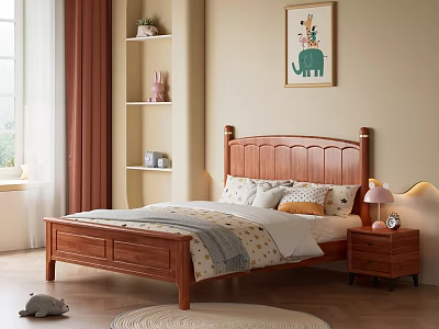Wooden Kids Bed With Cozy Design Bedside Table Lamp Animal Painting And Soft Toys 3d model