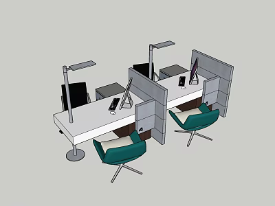 Modern Office Desk Setup With Partition Computer Green Chairs And Desk Lamp 3d model