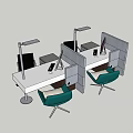 Modern Office Desk Setup With Partition Computer Green Chairs And Desk Lamp 3d model